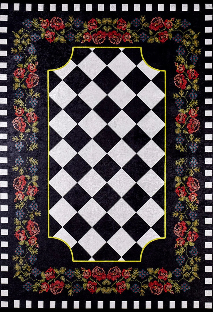 Black and White Geometric Area Rug with Colors – in the living room