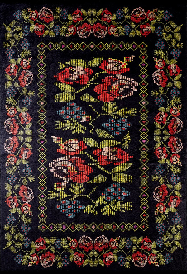 Kırmızı Siyah Klasik Modern Halı - Yıkanabilir - Kaymaz Taban - Pati Dostu