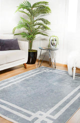 Blue Grey White Distressed Geometric Living Room Rug - Machine Woven