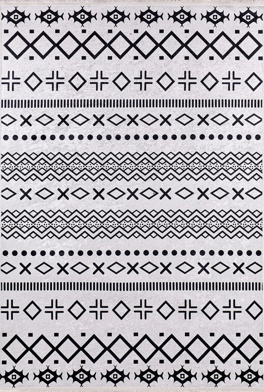 Bohemian Black and White Geometric Pattern Area Rug – in the living room