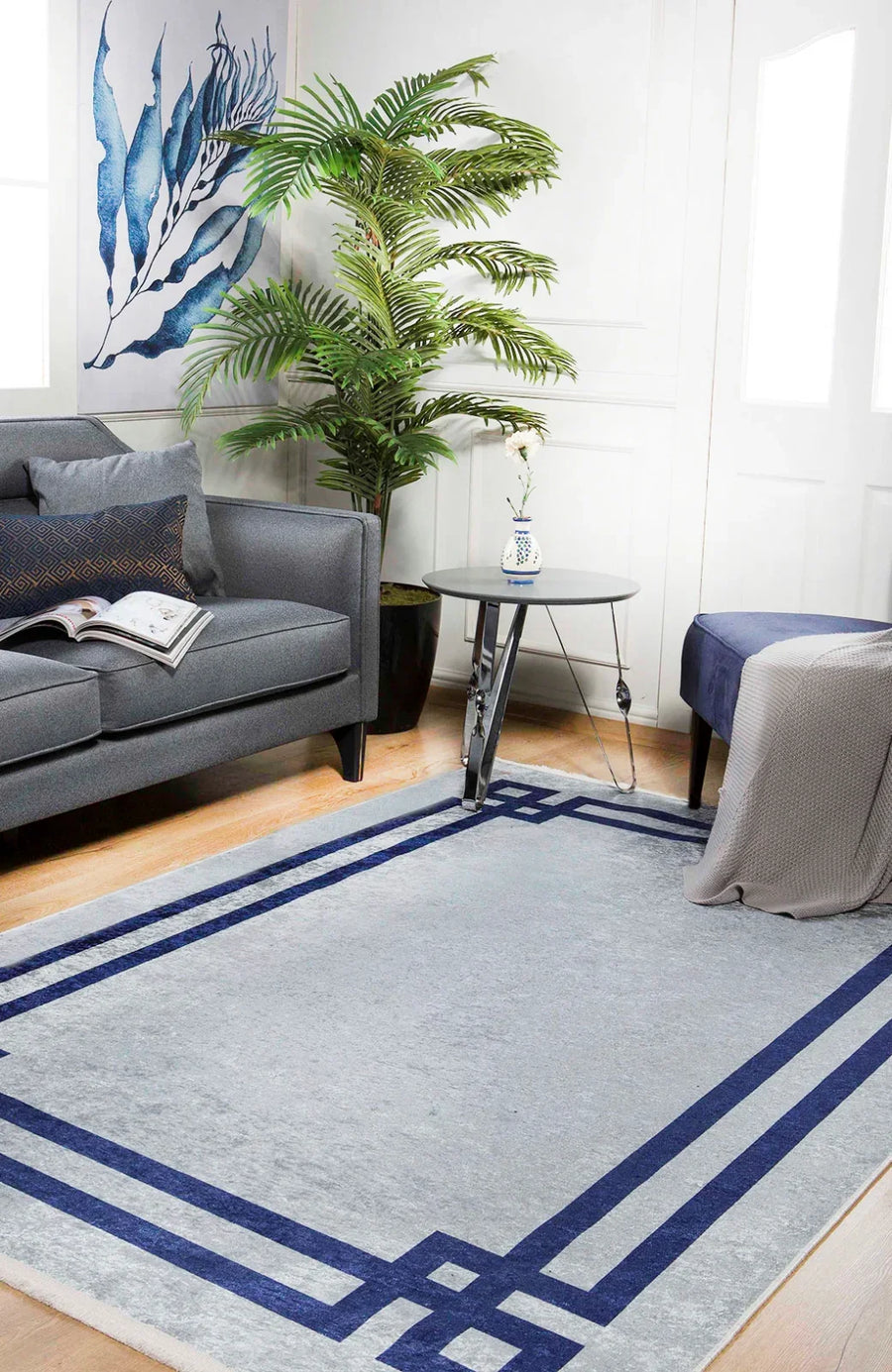 Gri Bordürlü Minimalist Halı - Yıkanabilir - Kaymaz Taban - Pati Dostu