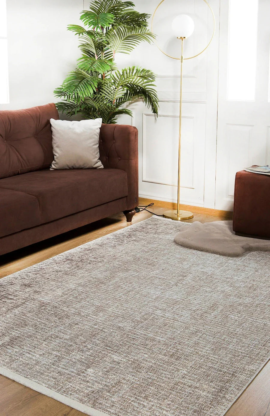 Bej Krem Dokulu Modern Halı - Yıkanabilir - Kaymaz Taban - Pati Dostu