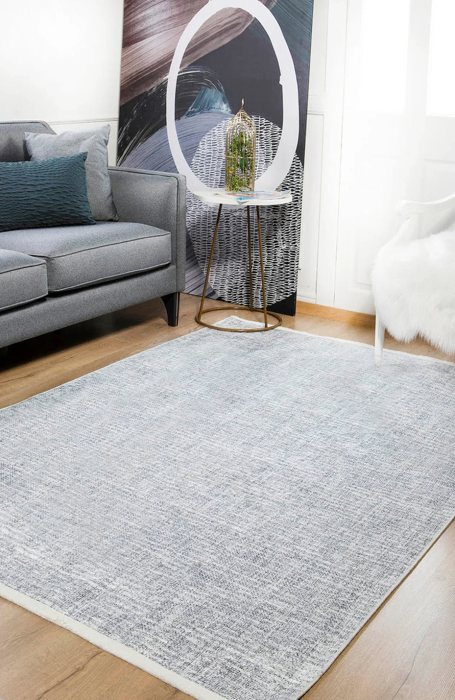 Beyaz Gri Dokulu Minimalist Halı - Yıkanabilir - Kaymaz Taban - Pati Dostu