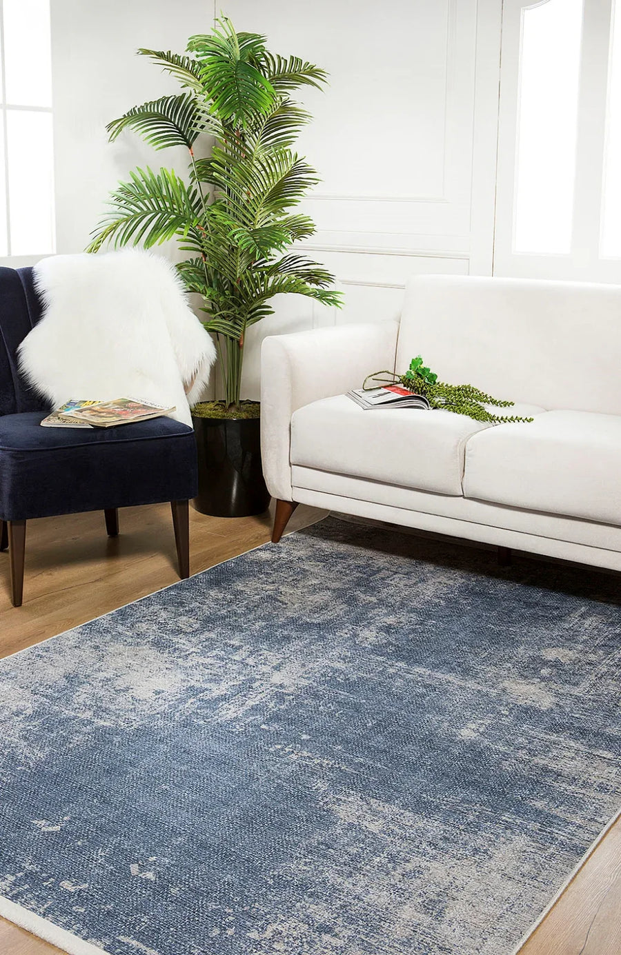 Mavi Dokulu Minimalist Halı - Yıkanabilir - Kaymaz Taban - Pati Dostu