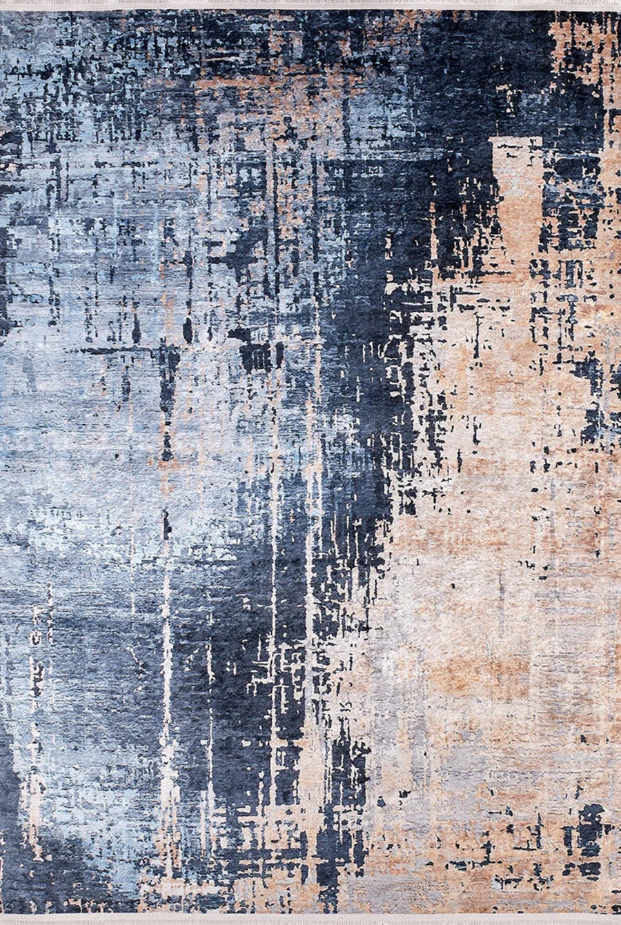 Blue and Beige Abstract Modern Area Rug – in the living room