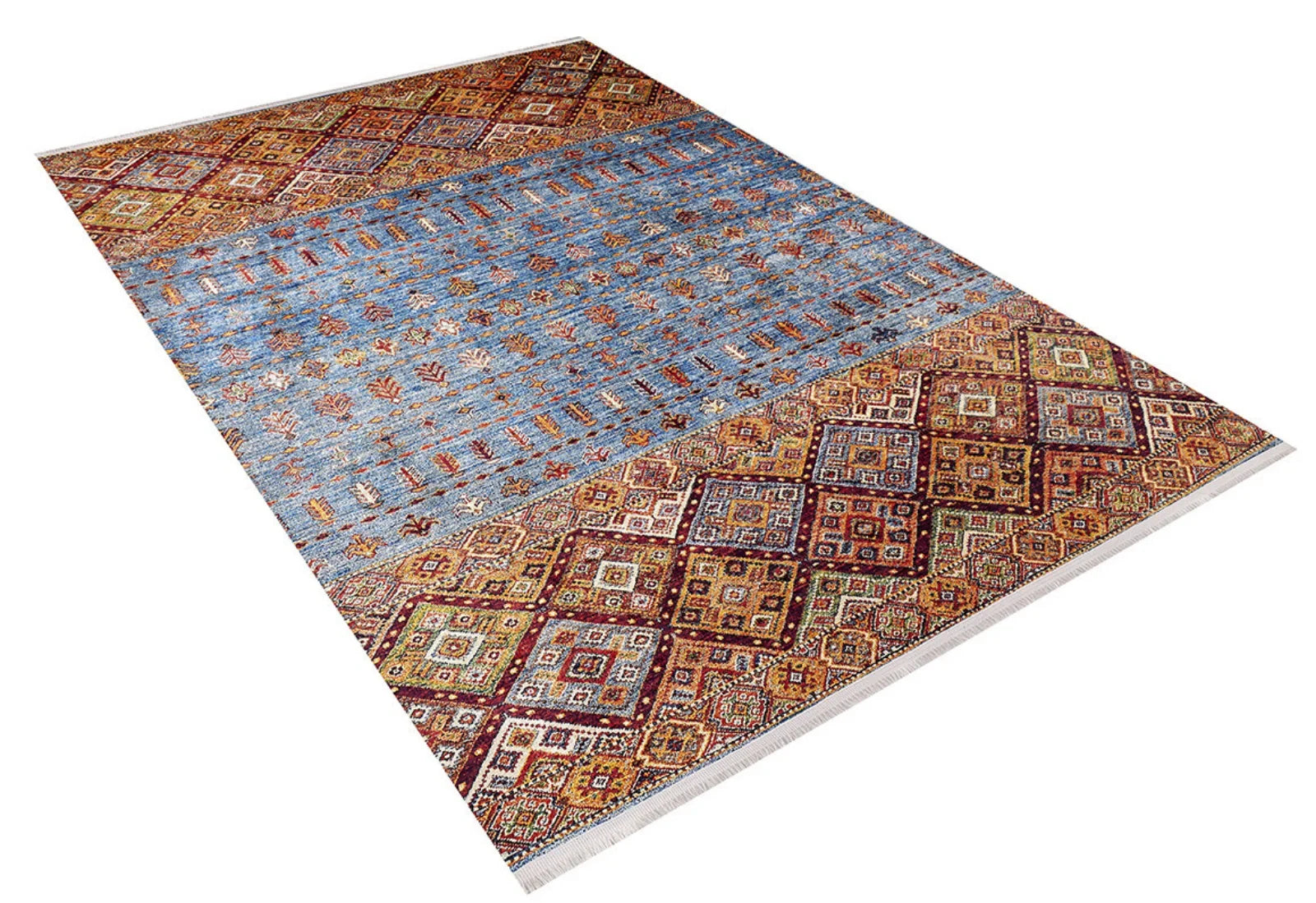 Mavi Etnik Geometrik Halı - Yıkanabilir - Kaymaz Taban - Pati Dostu
