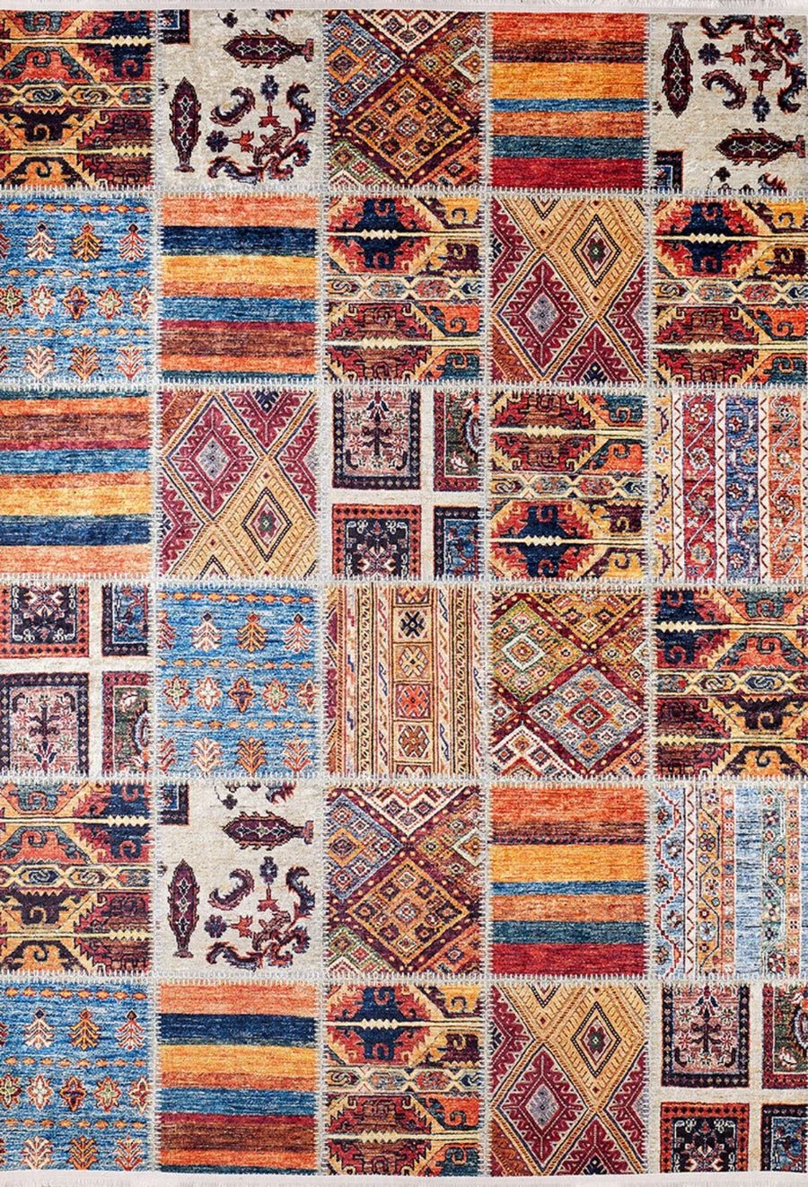 Bohem Stil Etnik Motifli Halı - Yıkanabilir - Kaymaz Taban - Pati Dostu
