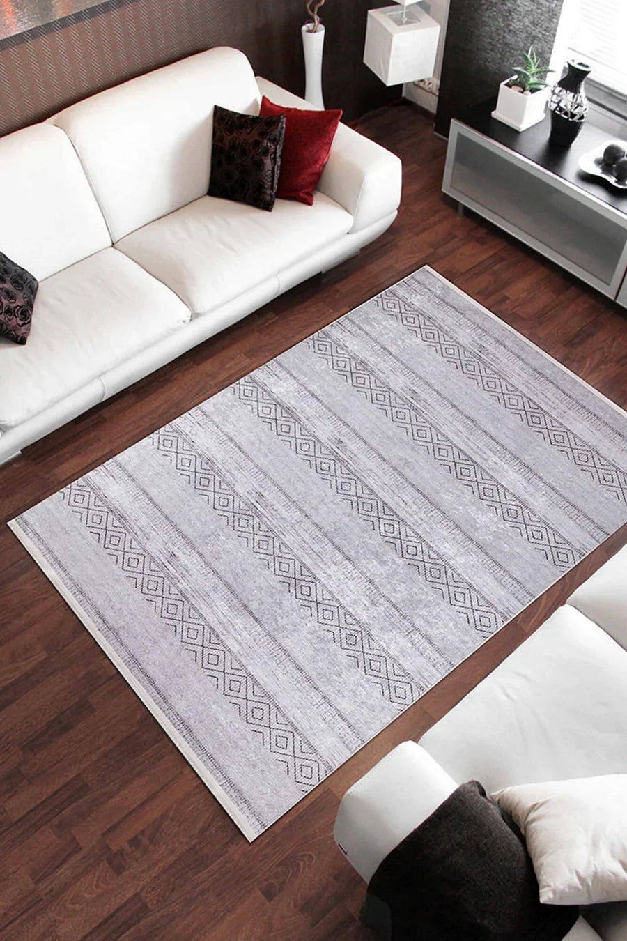 Beyaz Gri Geometrik Modern Halı - Yıkanabilir - Kaymaz Taban - Pati Dostu