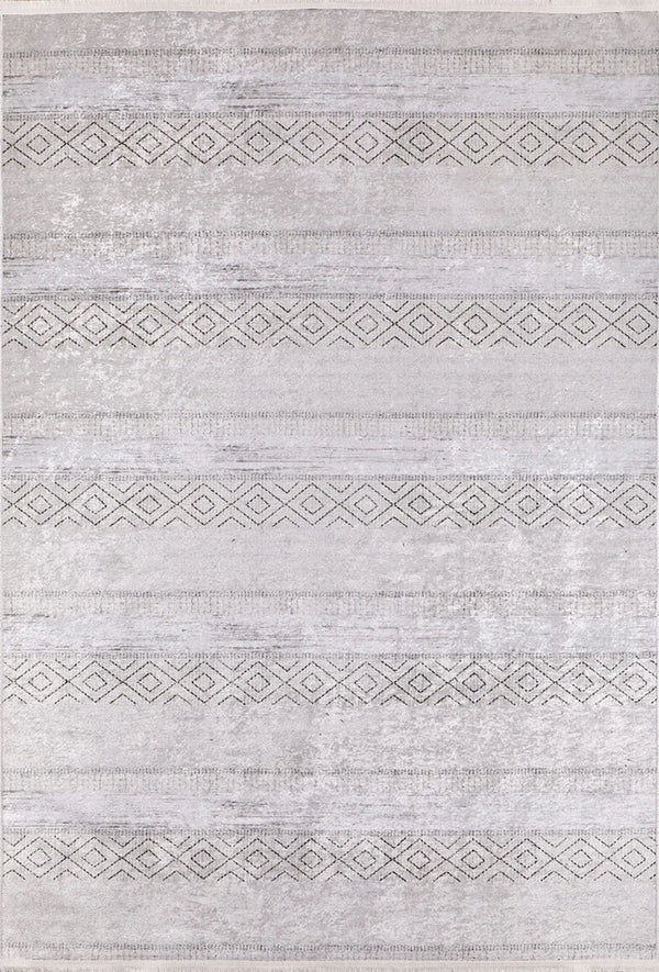 Beyaz Gri Geometrik Modern Halı - Yıkanabilir - Kaymaz Taban - Pati Dostu