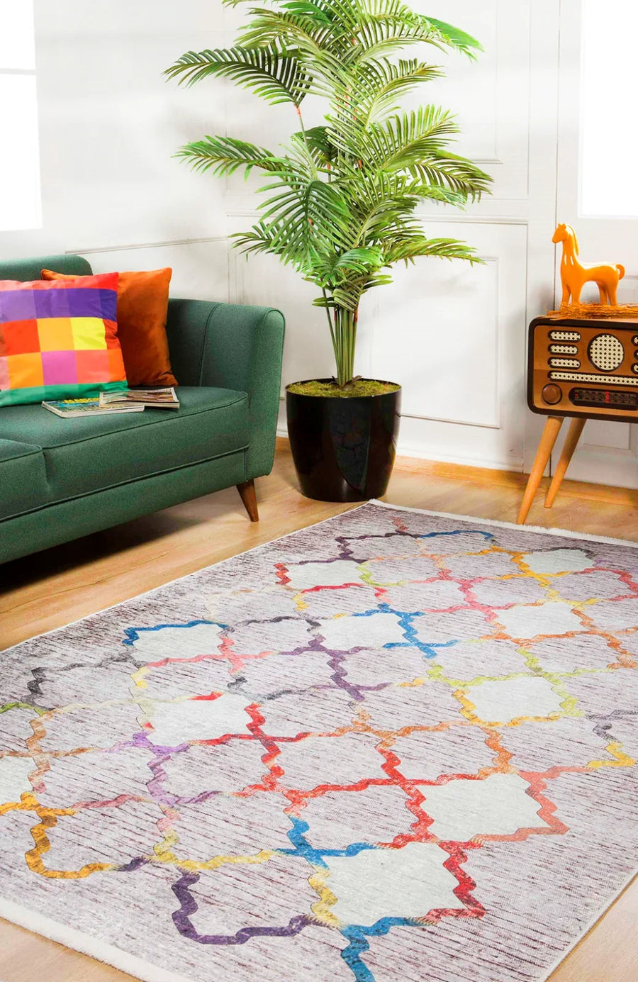 Bej Krem Geometrik Modern Halı - Yıkanabilir - Kaymaz Taban - Pati Dostu