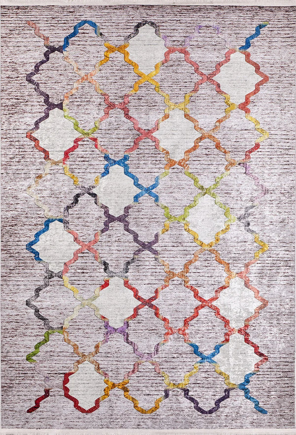 Bej Krem Geometrik Modern Halı - Yıkanabilir - Kaymaz Taban - Pati Dostu