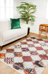 Cream Red Bohemian Ethnic Patchwork Living Room Rug - Polyester