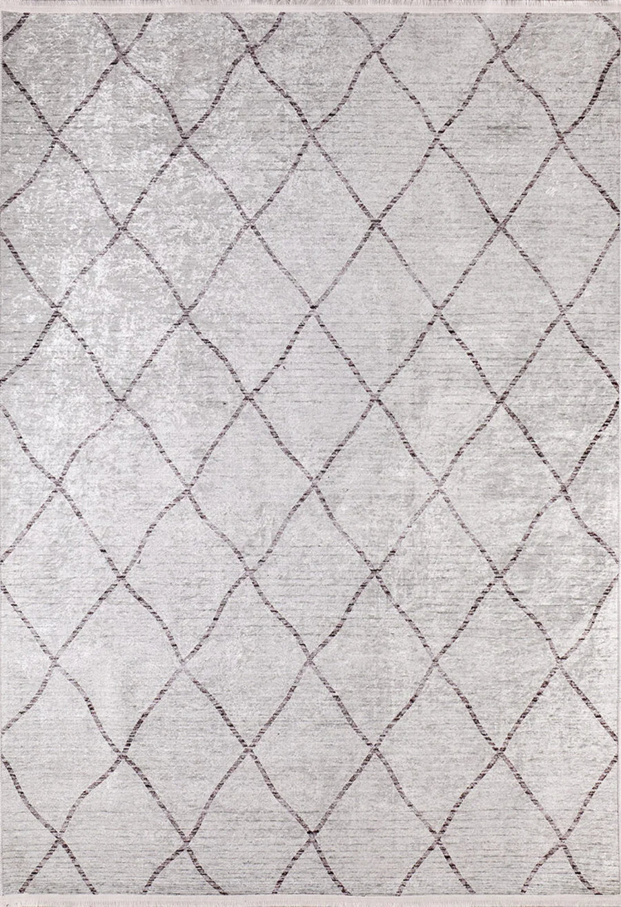 Weißer Teppich mit geometrischem Muster in Grau & Anthrazit – im Wohnzimmer