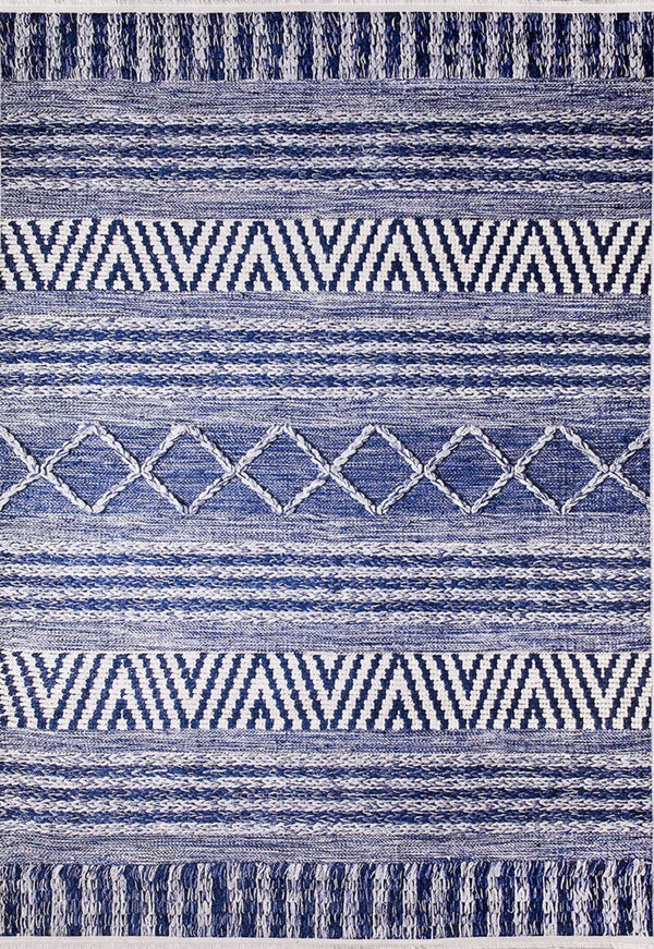 Beyaz Mavi Geometrik Modern Halı - Yıkanabilir - Kaymaz Taban - Pati Dostu