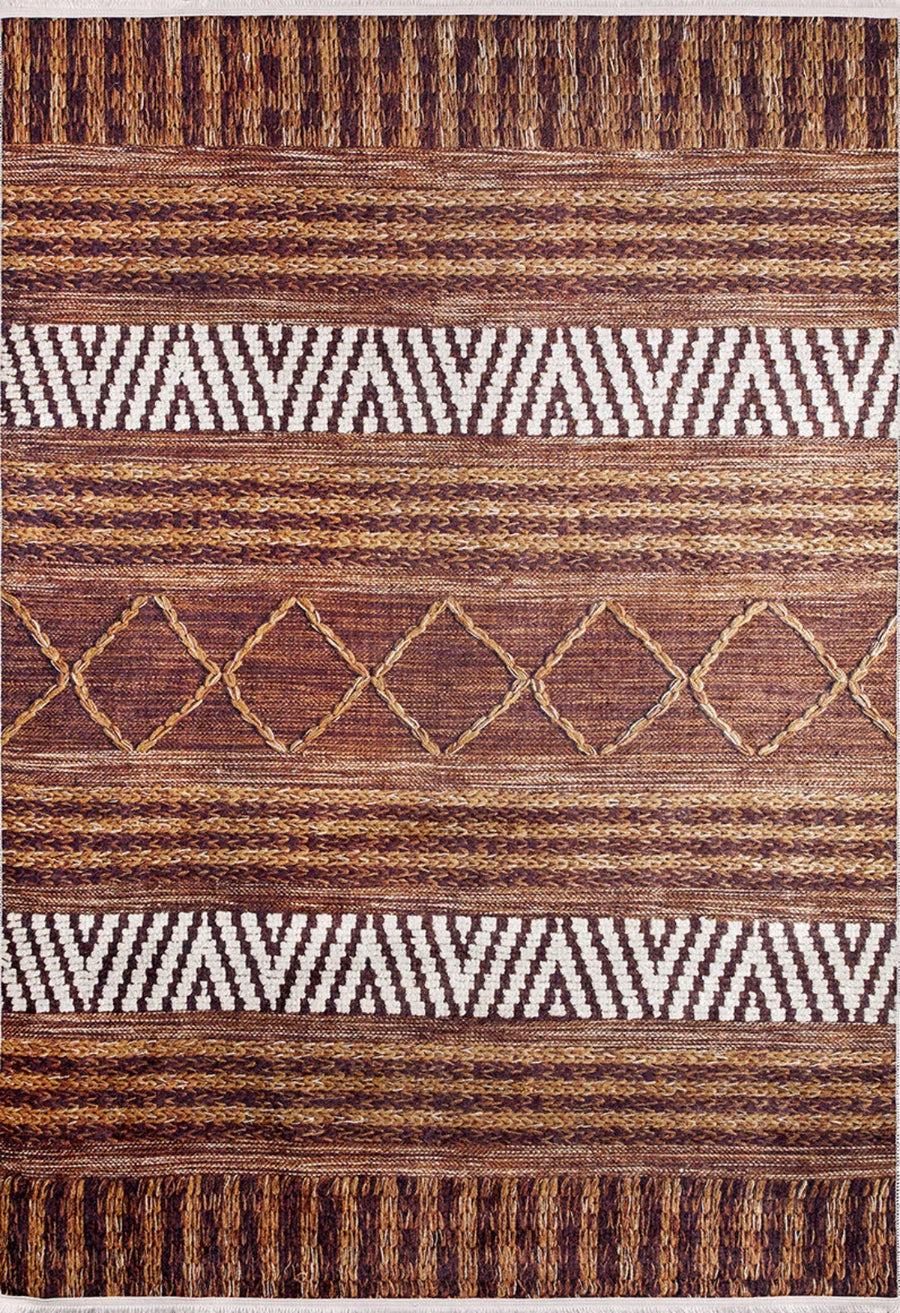 Brown and Cream Ethnic Geometric Area Rug – in the living room