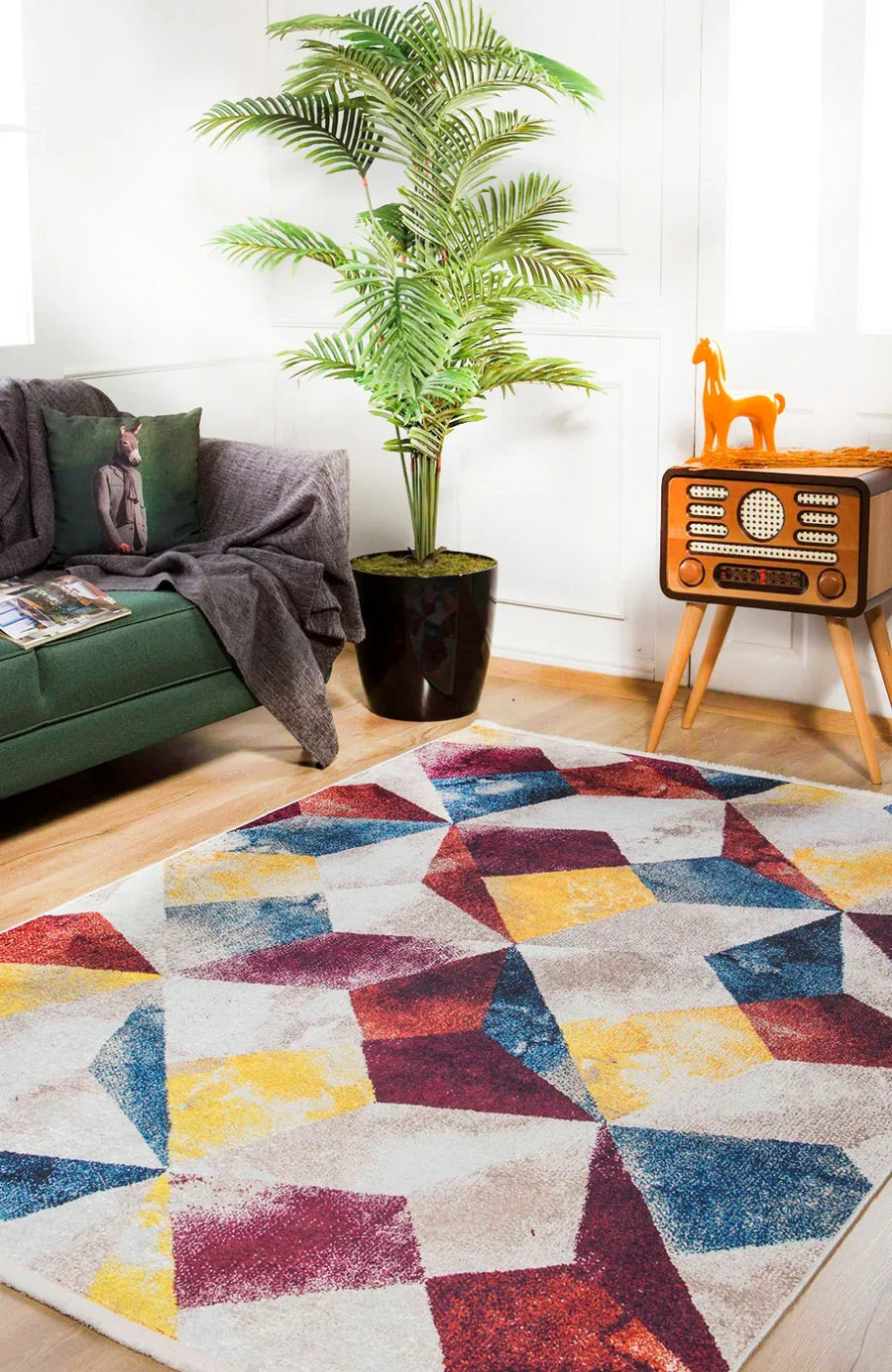 Mavi Geometrik Modern Halı - Yıkanabilir - Kaymaz Taban - Pati Dostu