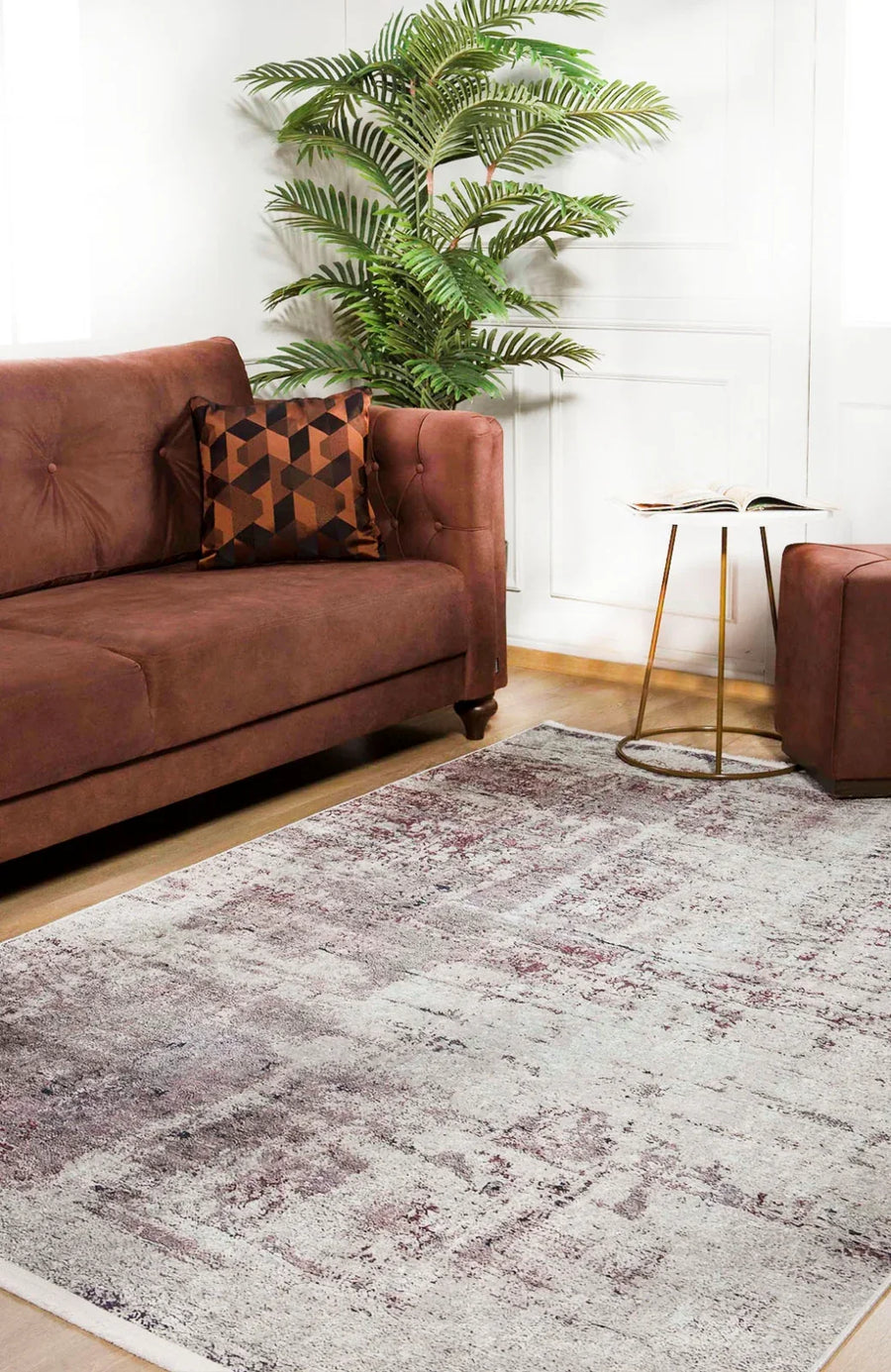 Krem Vizon Eskitme Modern Halı - Yıkanabilir - Kaymaz Taban - Pati Dostu