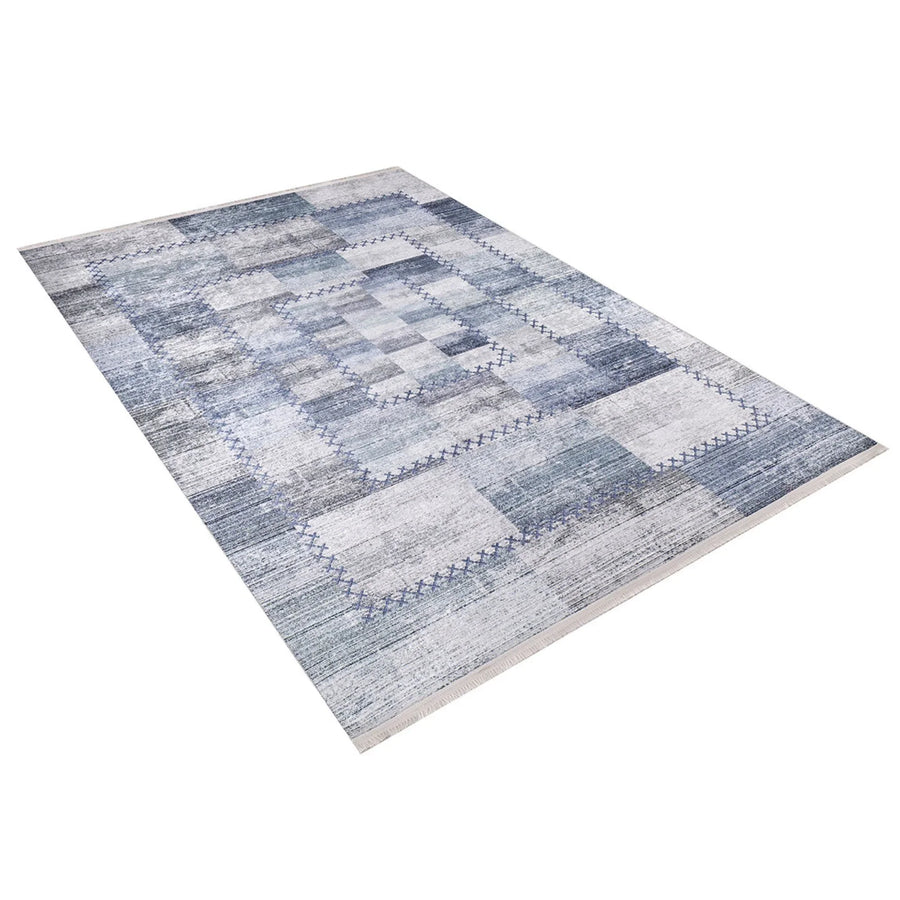Beyaz Gri Geometrik Modern Halı - Yıkanabilir - Kaymaz Taban - Pati Dostu