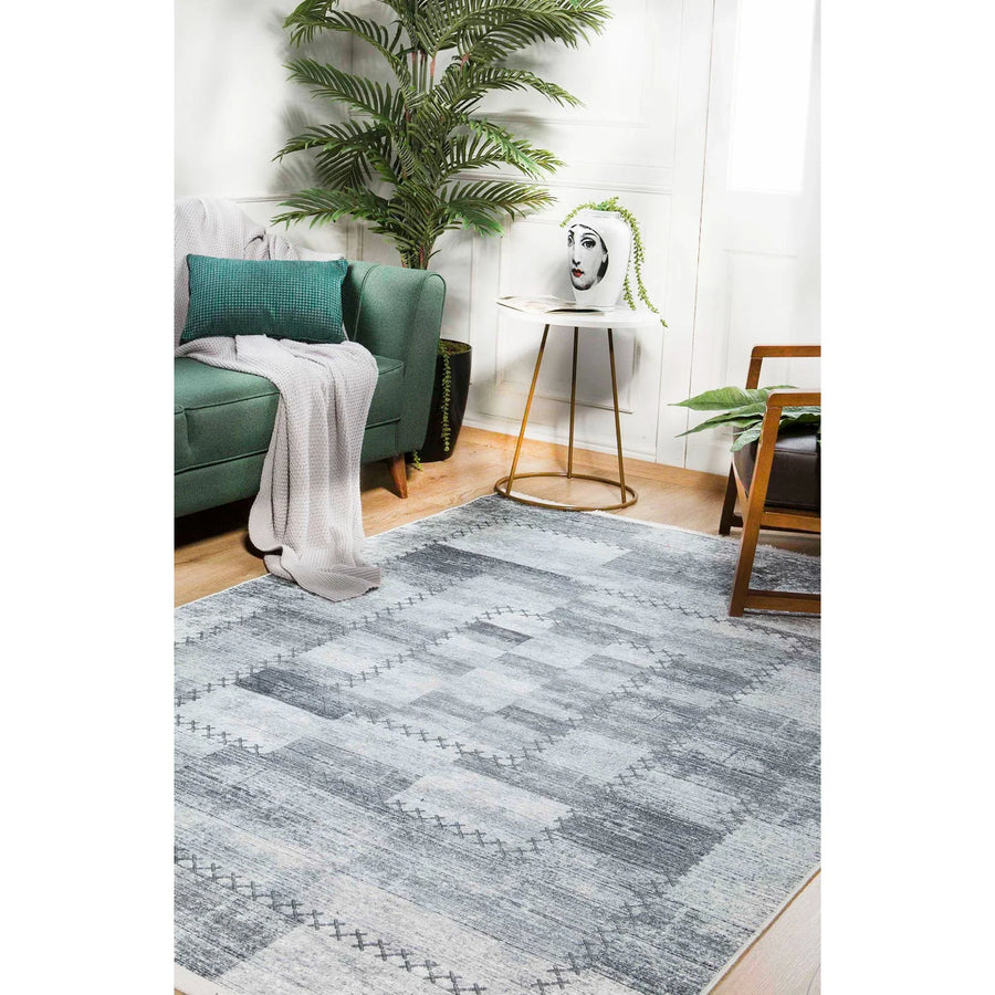 Antrasit Gri Geometrik Modern Halı - Yıkanabilir - Kaymaz Taban - Pati Dostu