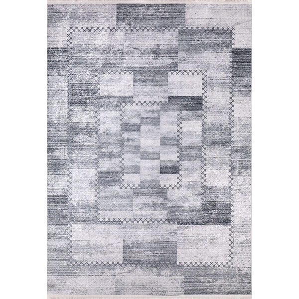 Antrasit Gri Geometrik Modern Halı - Yıkanabilir - Kaymaz Taban - Pati Dostu