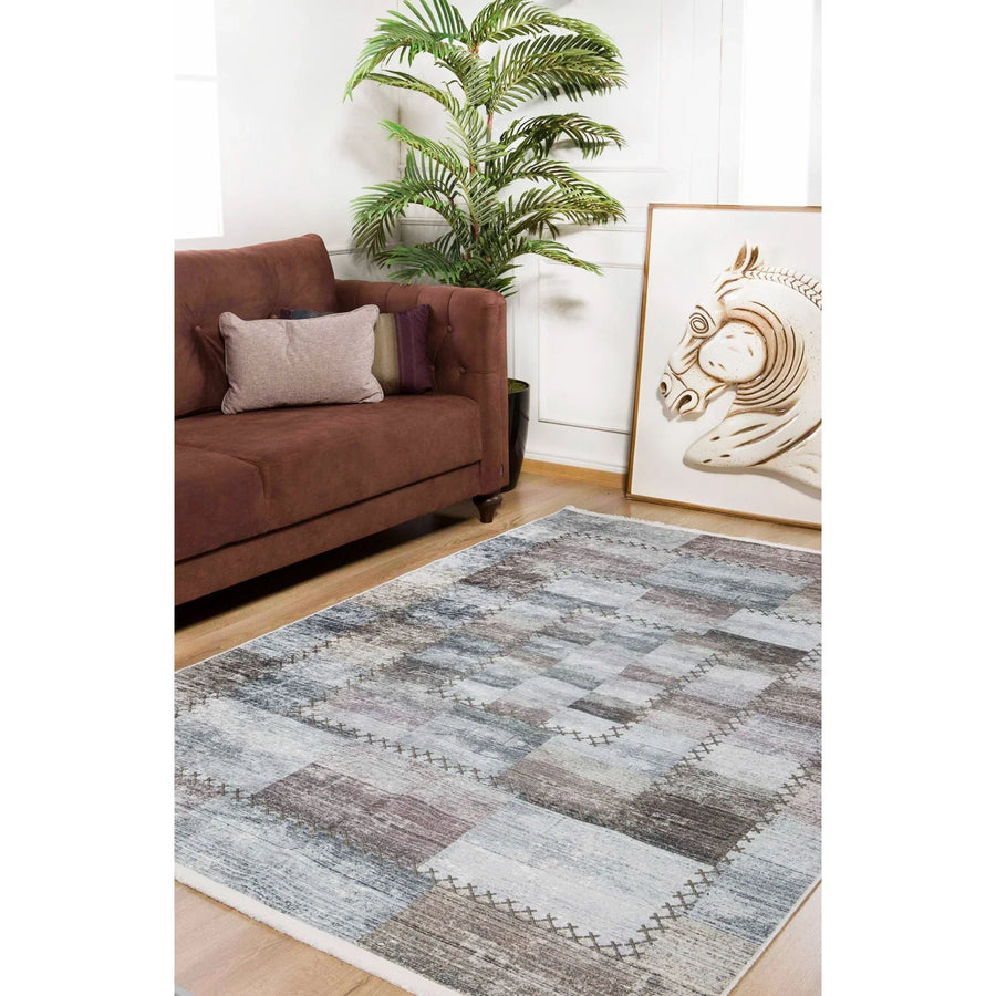 Antrasit Gri Geometrik Modern Halı - Yıkanabilir - Kaymaz Taban - Pati Dostu