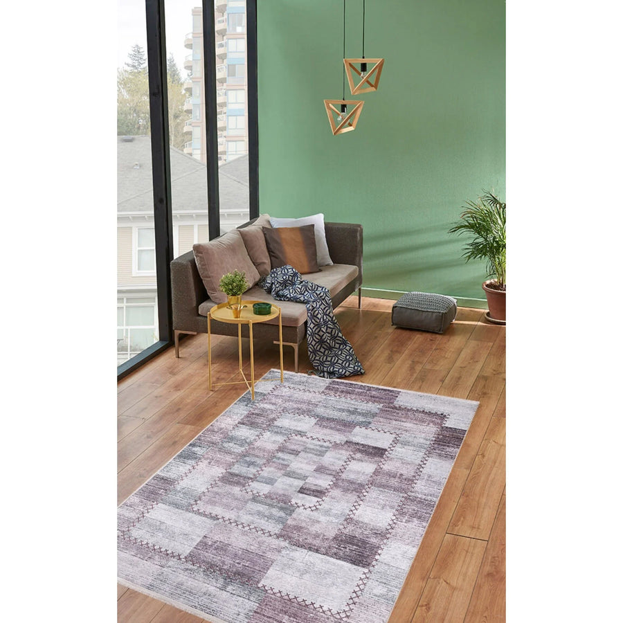 Gri Geometrik Modern Halı - Yıkanabilir - Kaymaz Taban - Pati Dostu