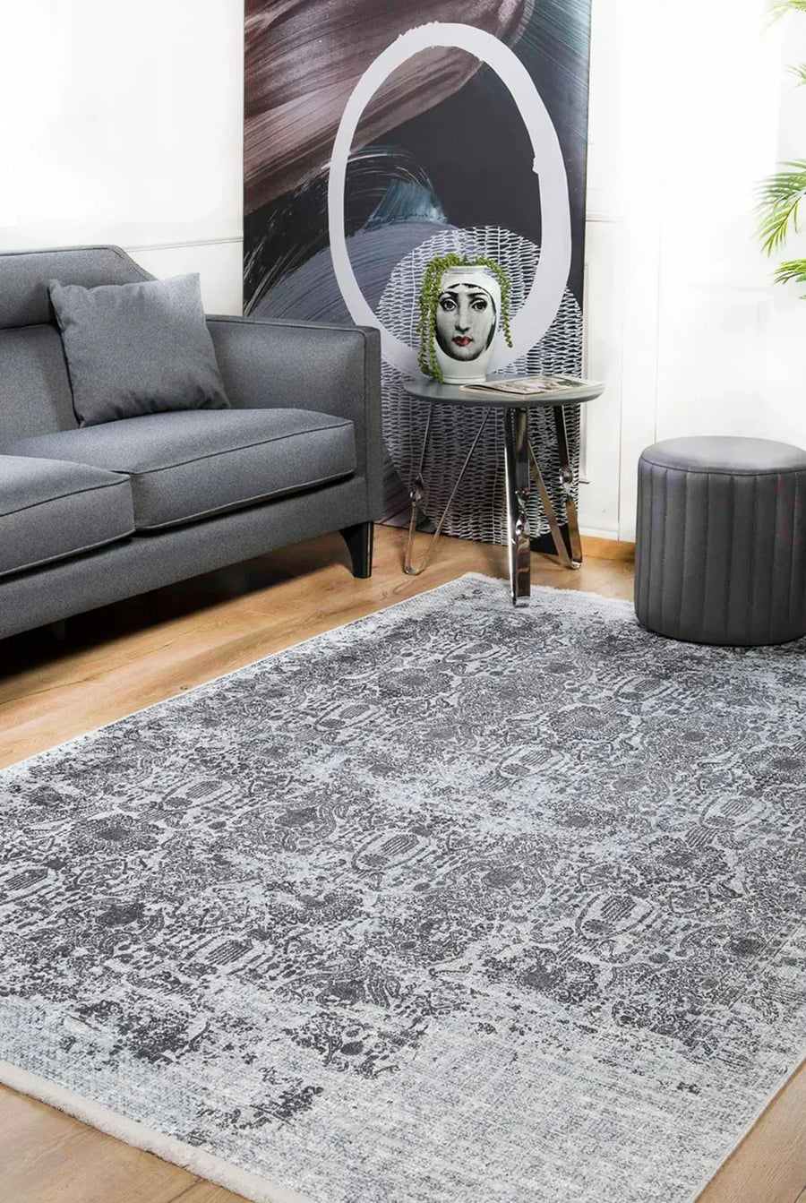 Beyaz Gri Eskitme Modern Halı - Yıkanabilir - Kaymaz Taban - Pati Dostu