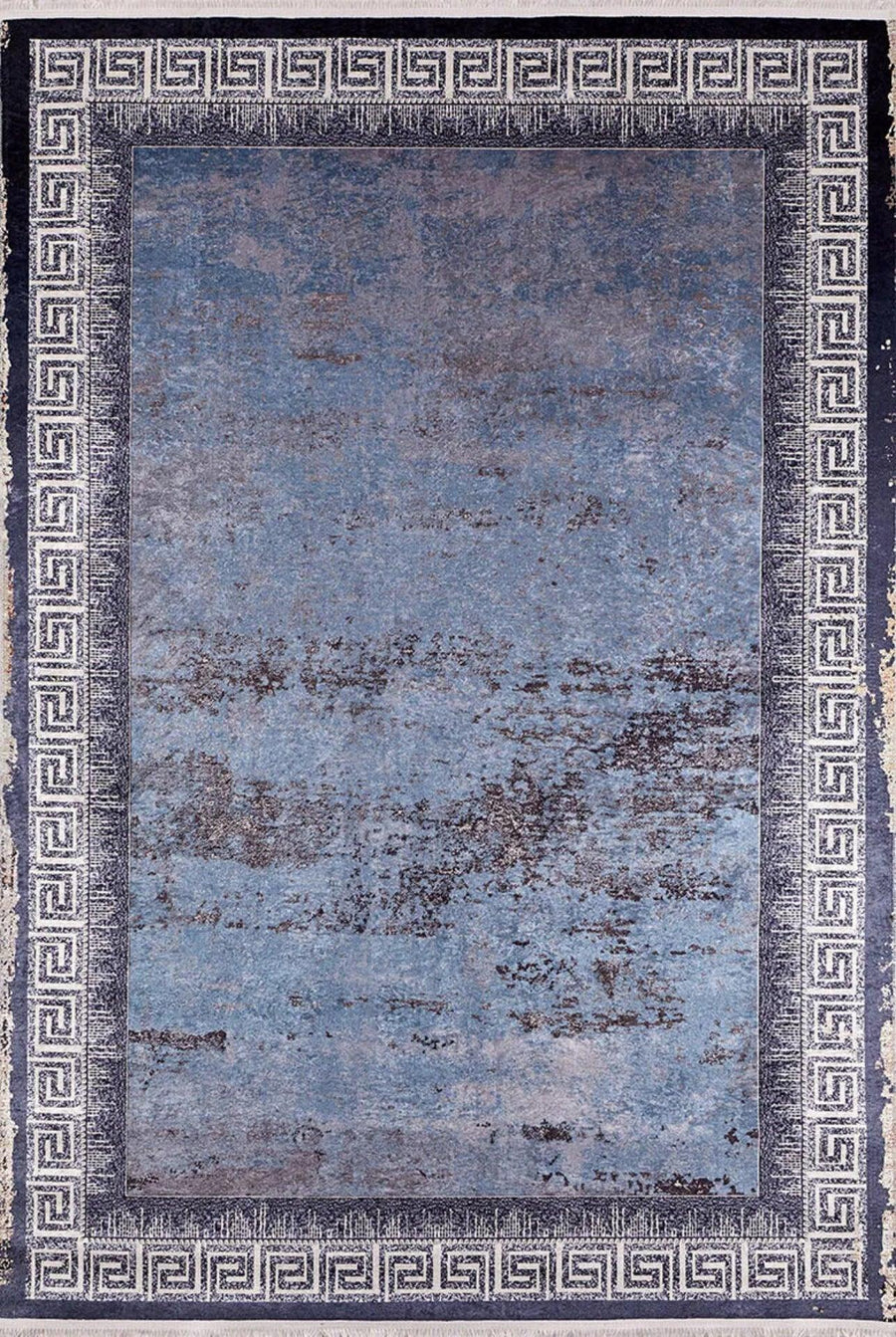 Blue and Gray Geometric Area Rug, Wool Blend – in the living room