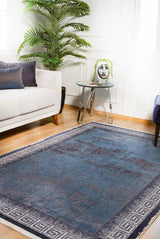 Blue Grey Distressed Living Room Rug Greek key - Polyester