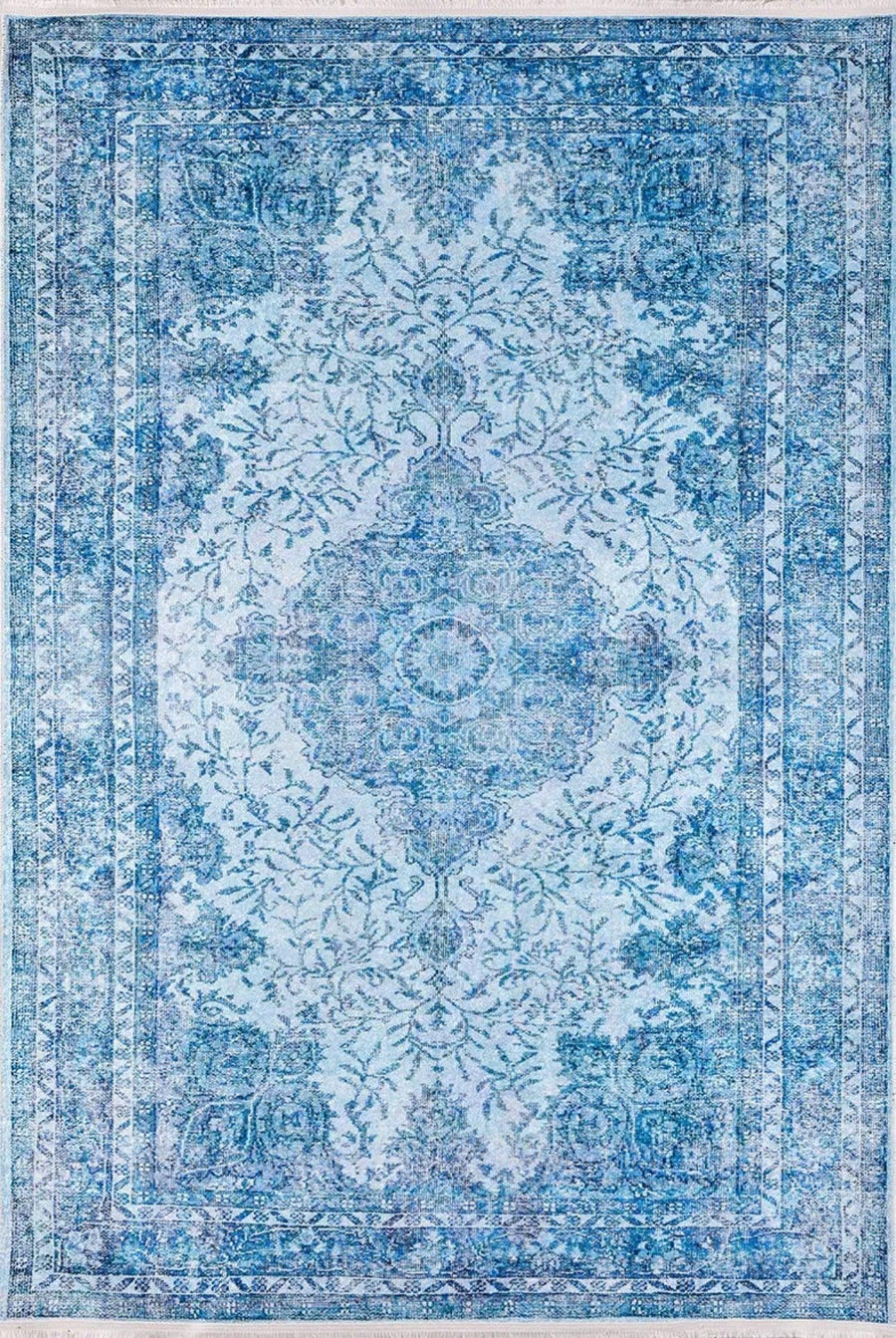 Blue Medallion Distressed Area Rug – in the living room
