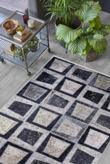 Grey Black Distressed Patchwork Living Room Rug - Polyester