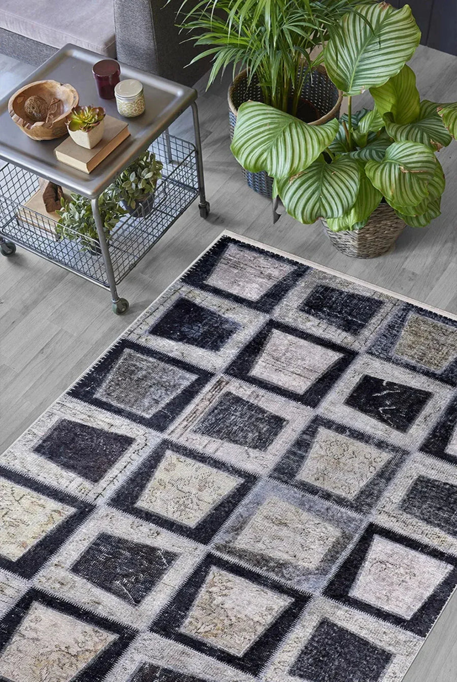 Antrasit Gri Modern Patchwork Halı - Yıkanabilir - Kaymaz Taban - Pati Dostu