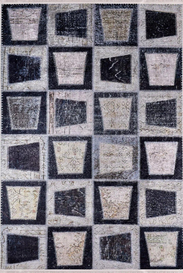 Antrasit Gri Modern Patchwork Halı - Yıkanabilir - Kaymaz Taban - Pati Dostu