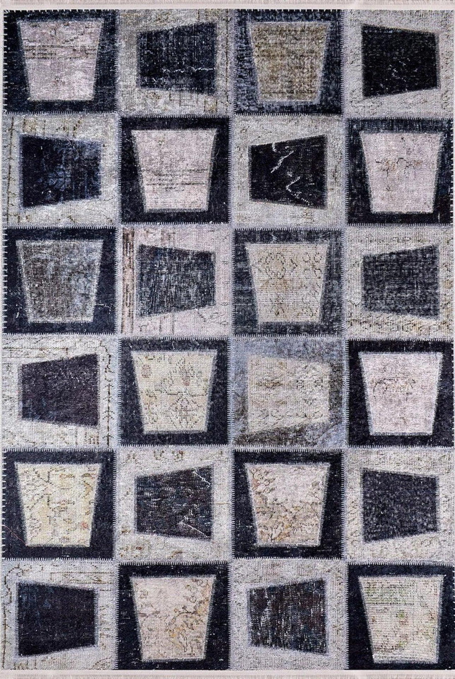 Grey Distressed Geometric Area Rug, Non-Slip – in the living room
