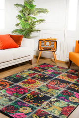Black Red Bohemian Patchwork Bedroom Rug