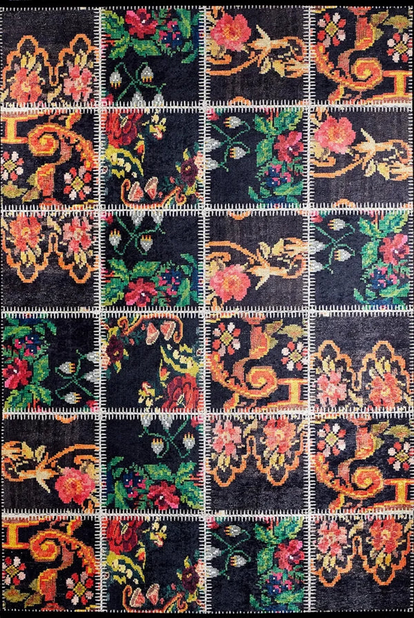 Siyah Modern Patchwork Halı - Yıkanabilir - Kaymaz Taban - Pati Dostu