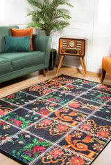 Black Red Bohemian Patchwork Bedroom Rug Floral - Polyester