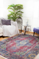 Burgundy Blue Distressed Living Room Rug - Polyester