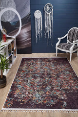 Dark Purple Red Distressed Living Room Rug - Polyester Machine Woven