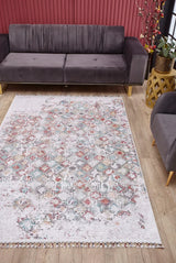 Cream Red Distressed Bedroom Rug - Polyester