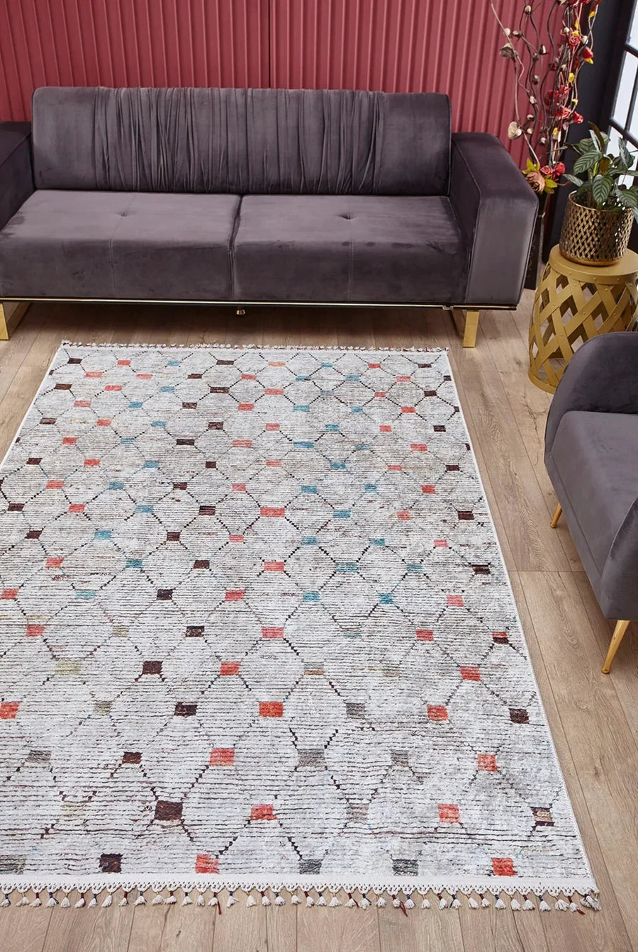Gri Baklava Geometrik Halı - Yıkanabilir - Kaymaz Taban - Pati Dostu