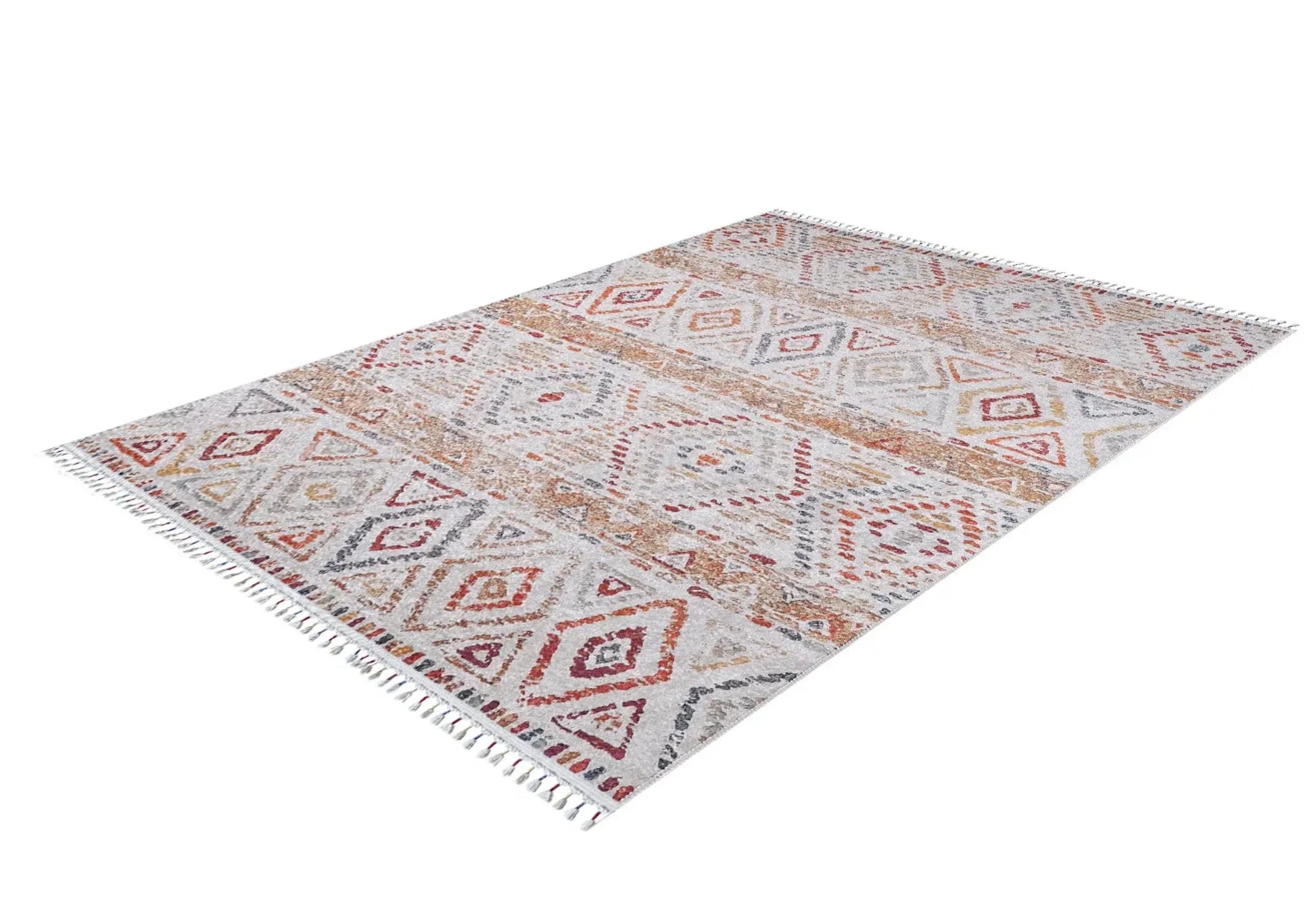 Bej Krem Etnik Geometrik Halı - Yıkanabilir - Kaymaz Taban - Pati Dostu