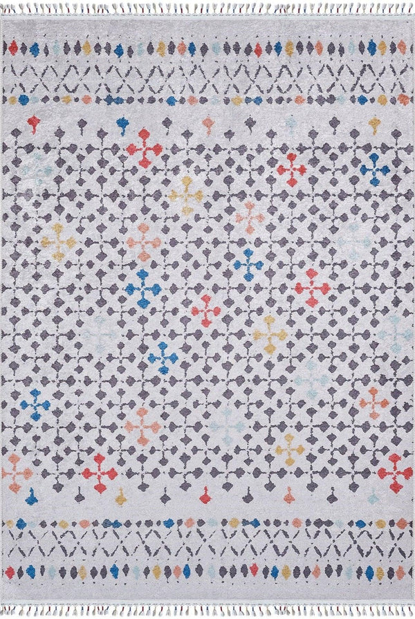 Beyaz Mavi Geometrik Modern Halı - Yıkanabilir - Kaymaz Taban - Pati Dostu