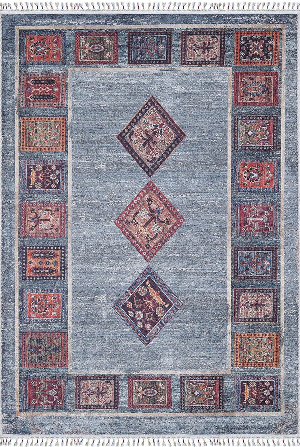 Mavi Etnik Geometrik Halı - Yıkanabilir - Kaymaz Taban - Pati Dostu