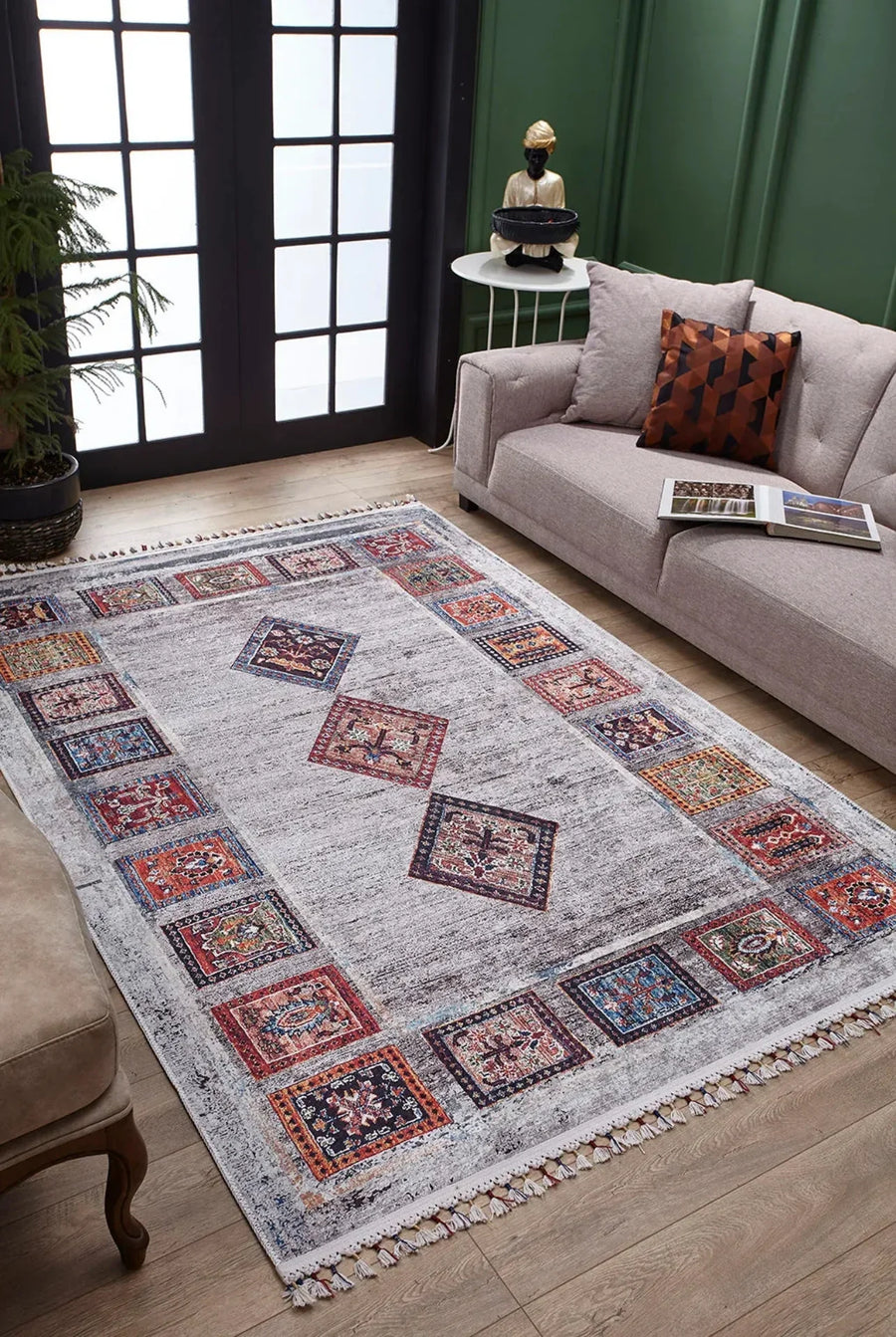 Bej Krem Etnik Geometrik Halı - Yıkanabilir - Kaymaz Taban - Pati Dostu