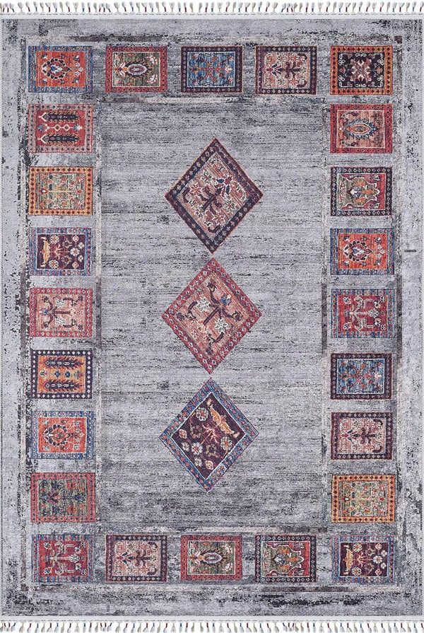 Gri Etnik Geometrik Halı - Yıkanabilir - Kaymaz Taban - Pati Dostu