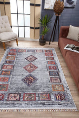 Gray Red Distressed Ethnic Geometric Living Room Rug