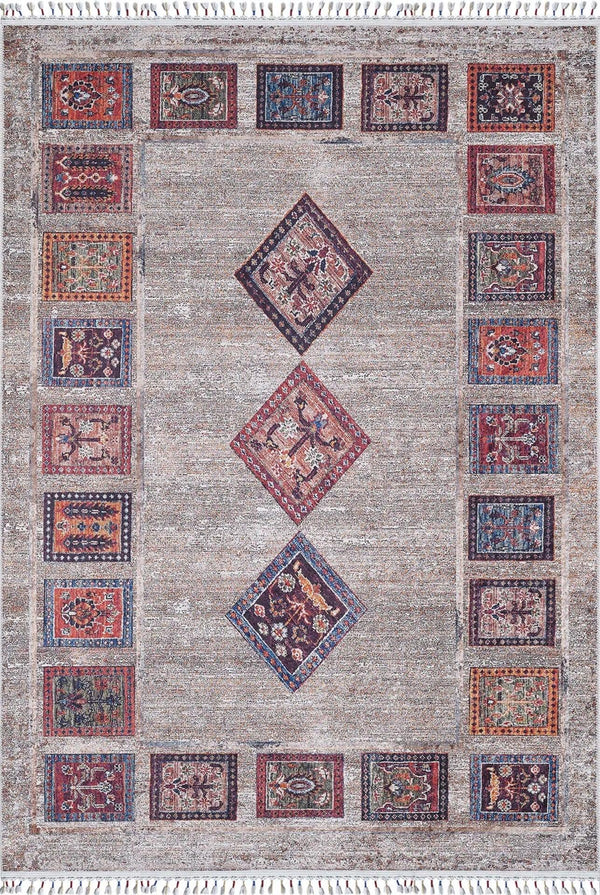Gri Etnik Geometrik Halı - Yıkanabilir - Kaymaz Taban - Pati Dostu