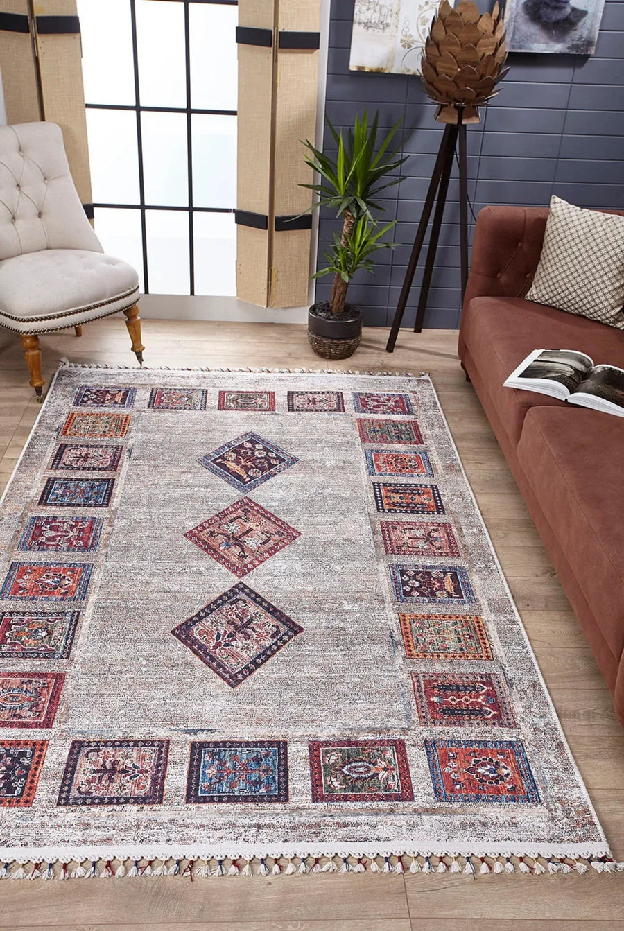 Gri Etnik Geometrik Halı - Yıkanabilir - Kaymaz Taban - Pati Dostu