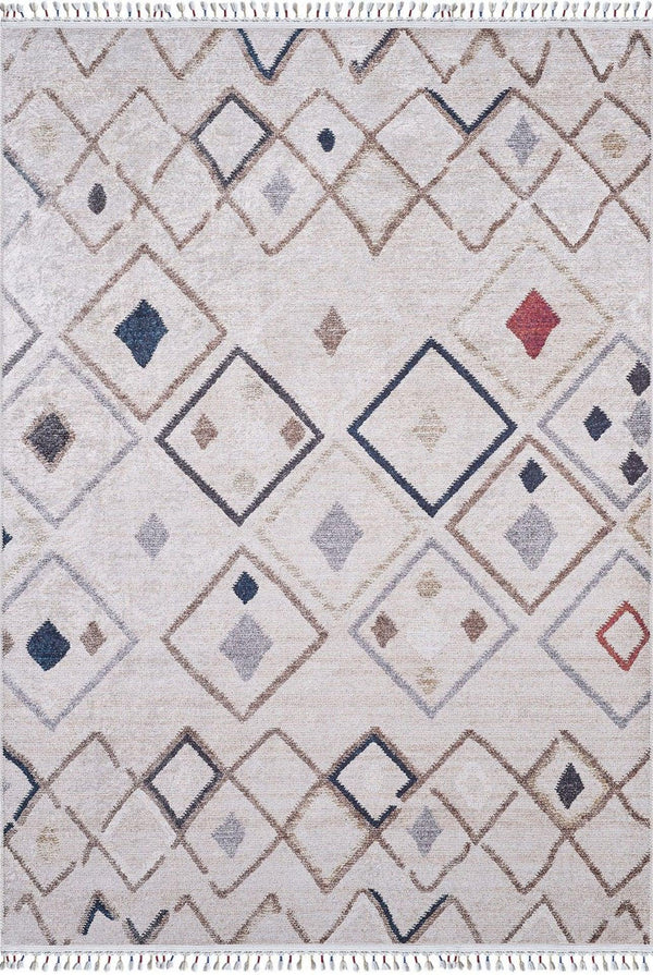 Krem Baklava Geometrik Halı - Yıkanabilir - Kaymaz Taban - Pati Dostu